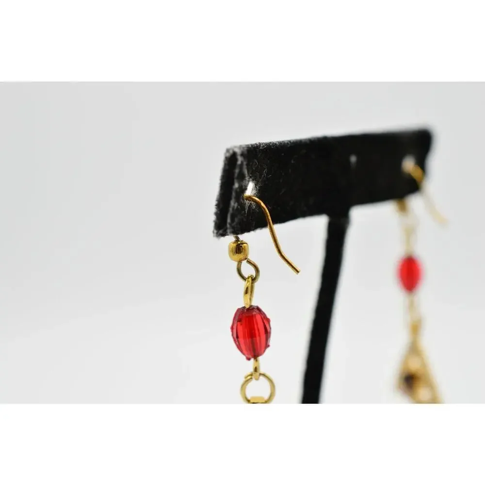 Statement Dangle Earrings Earrings Red Rhinestone Crystal Beaded Cluster Gold 9L
